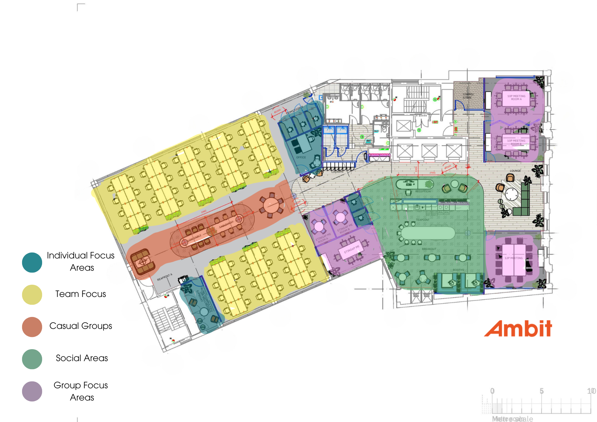 Space plan for neurodiversity-focused design at 7 Bishopsgate for long-term client BentallGreenOak, featuring colour-coded zones for individual focus, team focus, casual groups, social areas, and group focus areas.