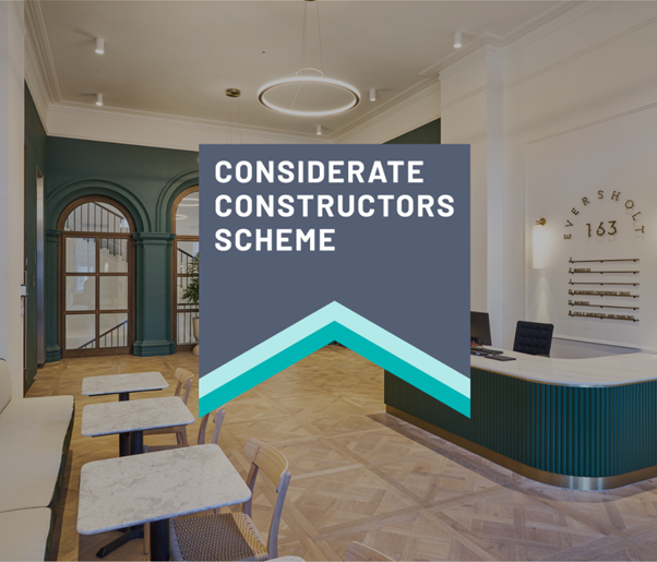 The Considerate Constructors Scheme logo superimposed on Ambit’s award-winning project: Eversholt Street.