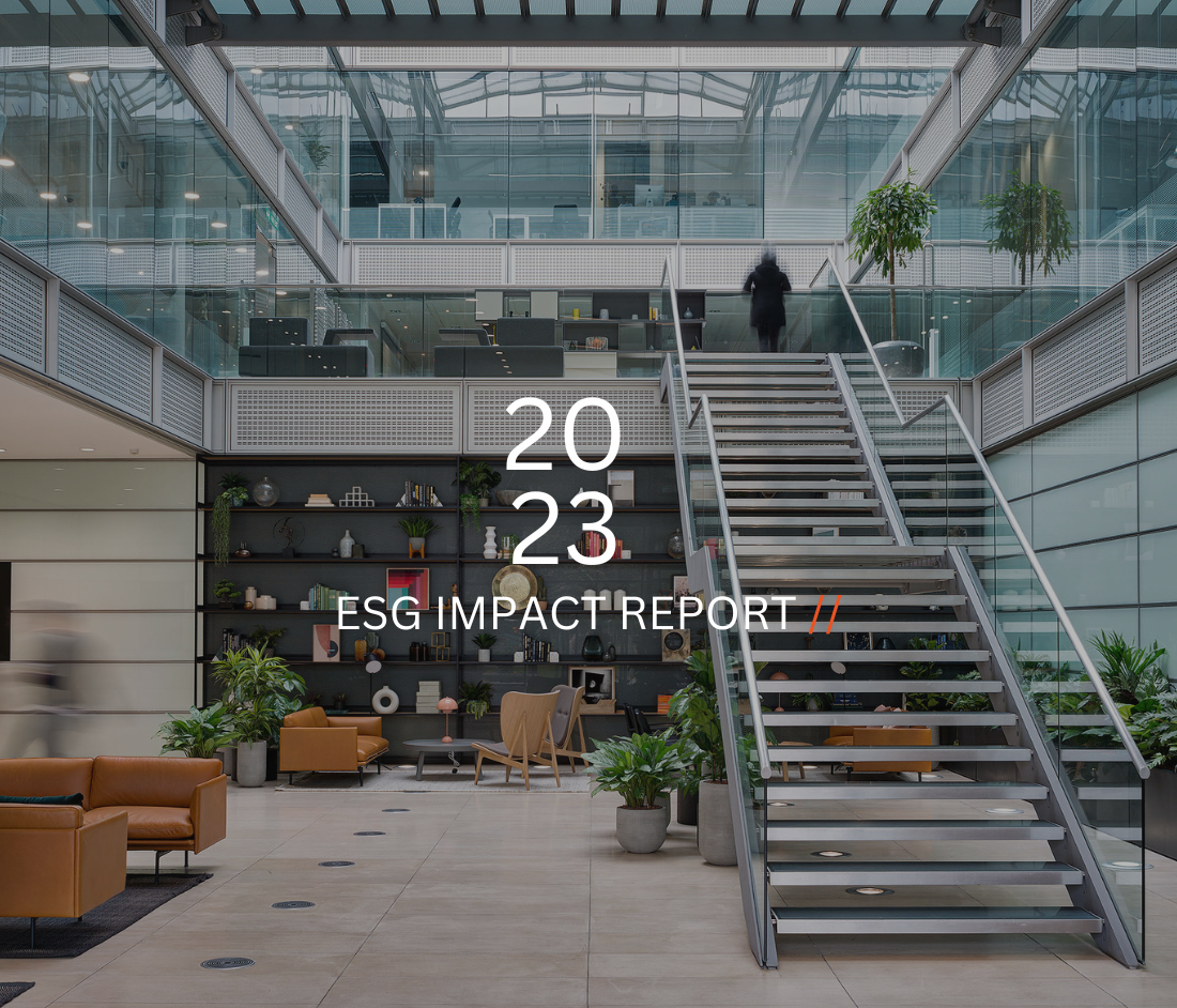 Cover of the 2023 ESG Impact Report featuring a modern atrium with glass walls, indoor greenery, and stylish seating, symbolising sustainability and corporate responsibility.