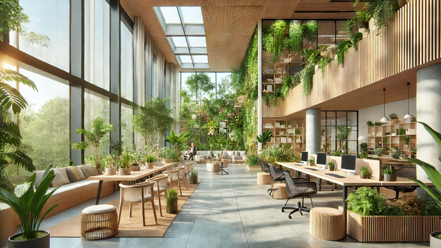 Biophilic office design featuring large windows, abundant natural light, indoor plants, and natural wood elements, aimed at enhancing employee wellbeing and productivity. Image generated with DALLE.