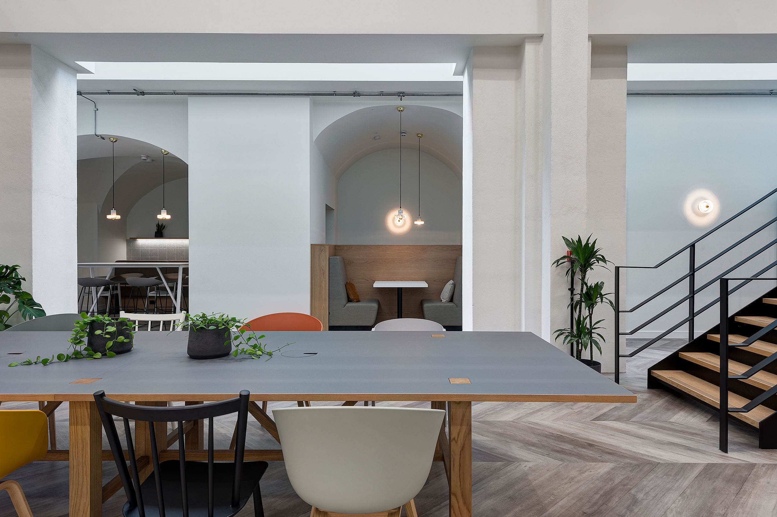 Large open space room with table central, ceiling decorations and biophilic plants.