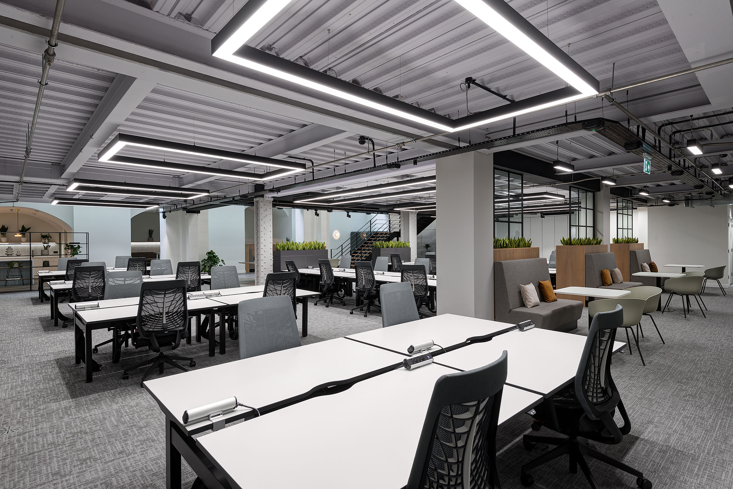 Open plan office with desks and office chairs, with lighting installed into the ceiling