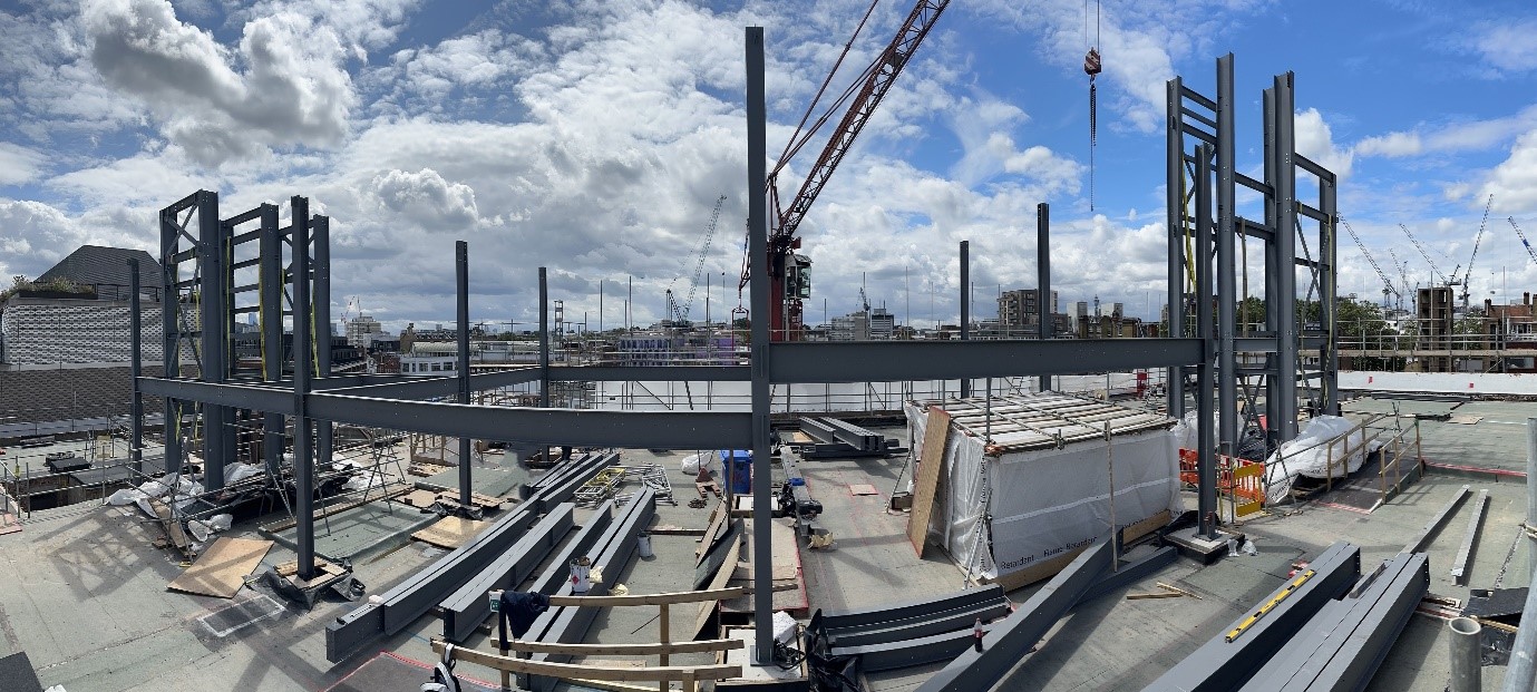 Farringdon Road Steel Erection Progress. Outdoor construction in progress.