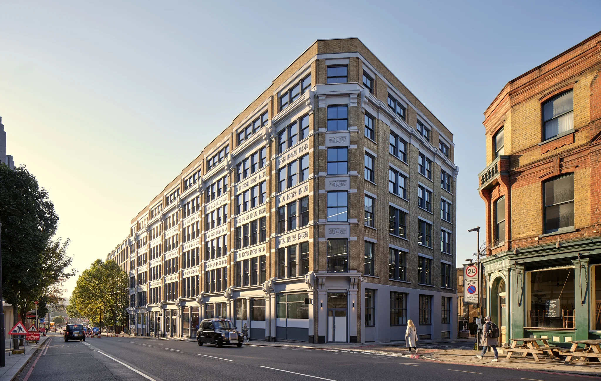 Early evening view of The Waterman in Clerkenwell, a refurbished Victorian industrial complex now serving as a sustainable workspace designed by Ambit.